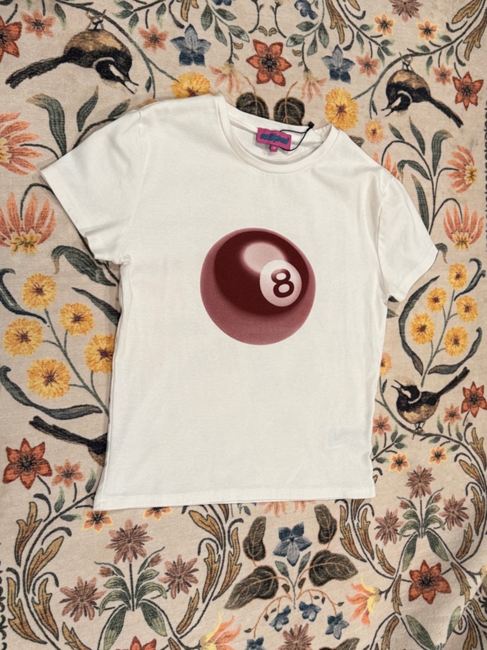 Edikted White Tee with Maroon 8-Ball Graphic
